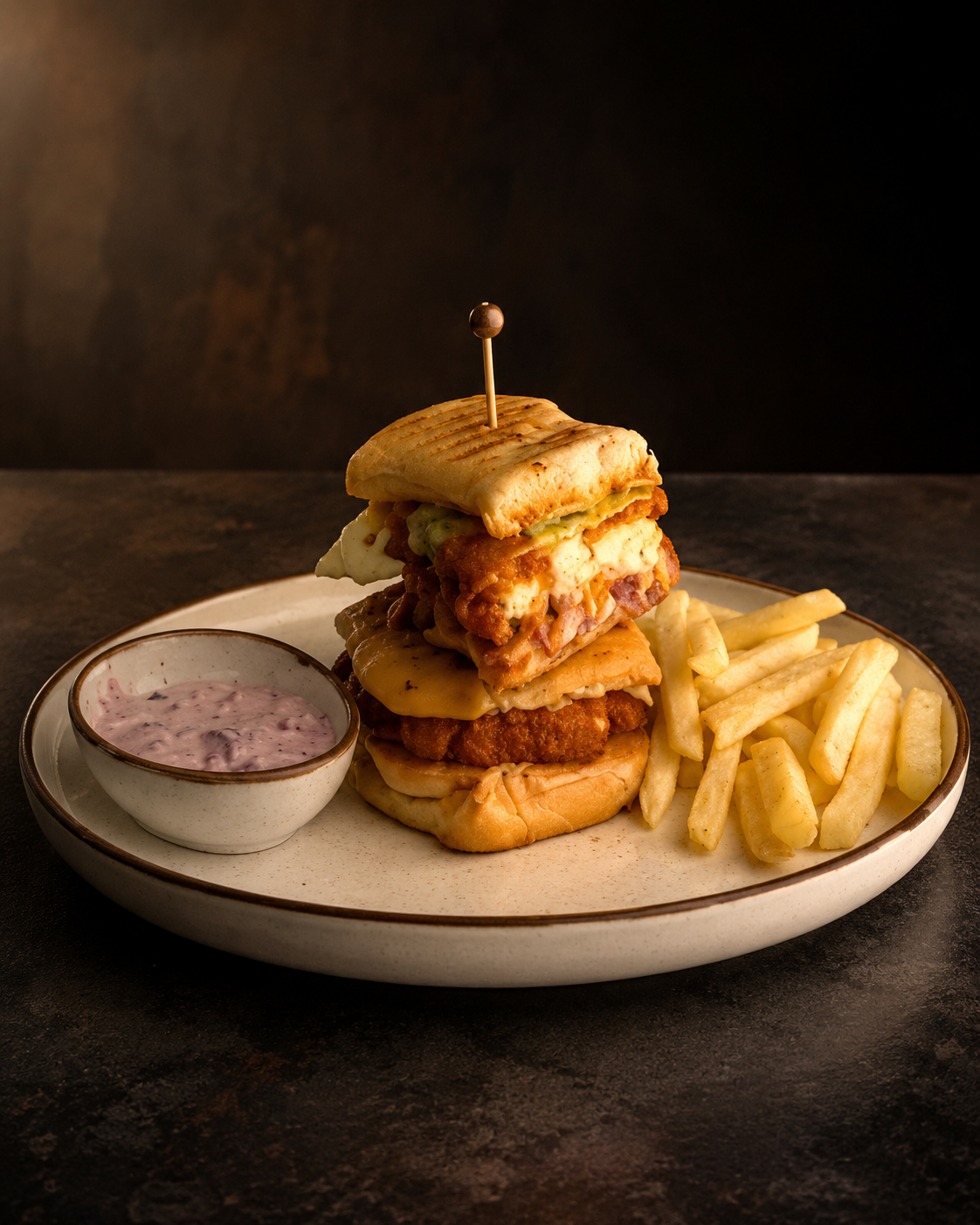 MUGD Crispy Loaded Chicken Burger served with Seasoned Fries